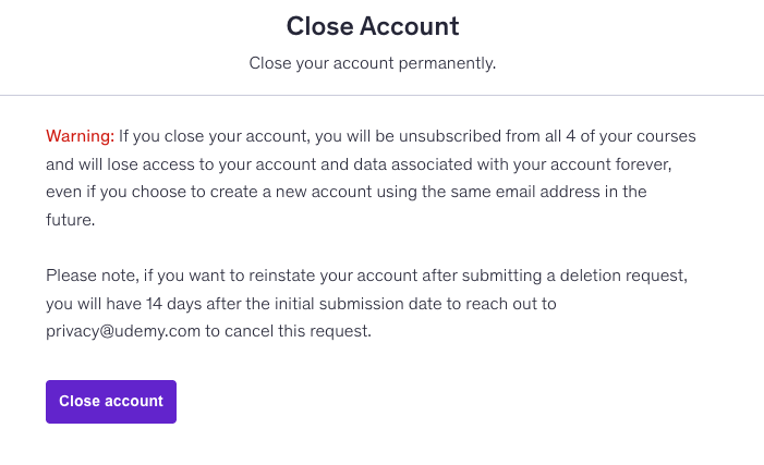 Close account screen